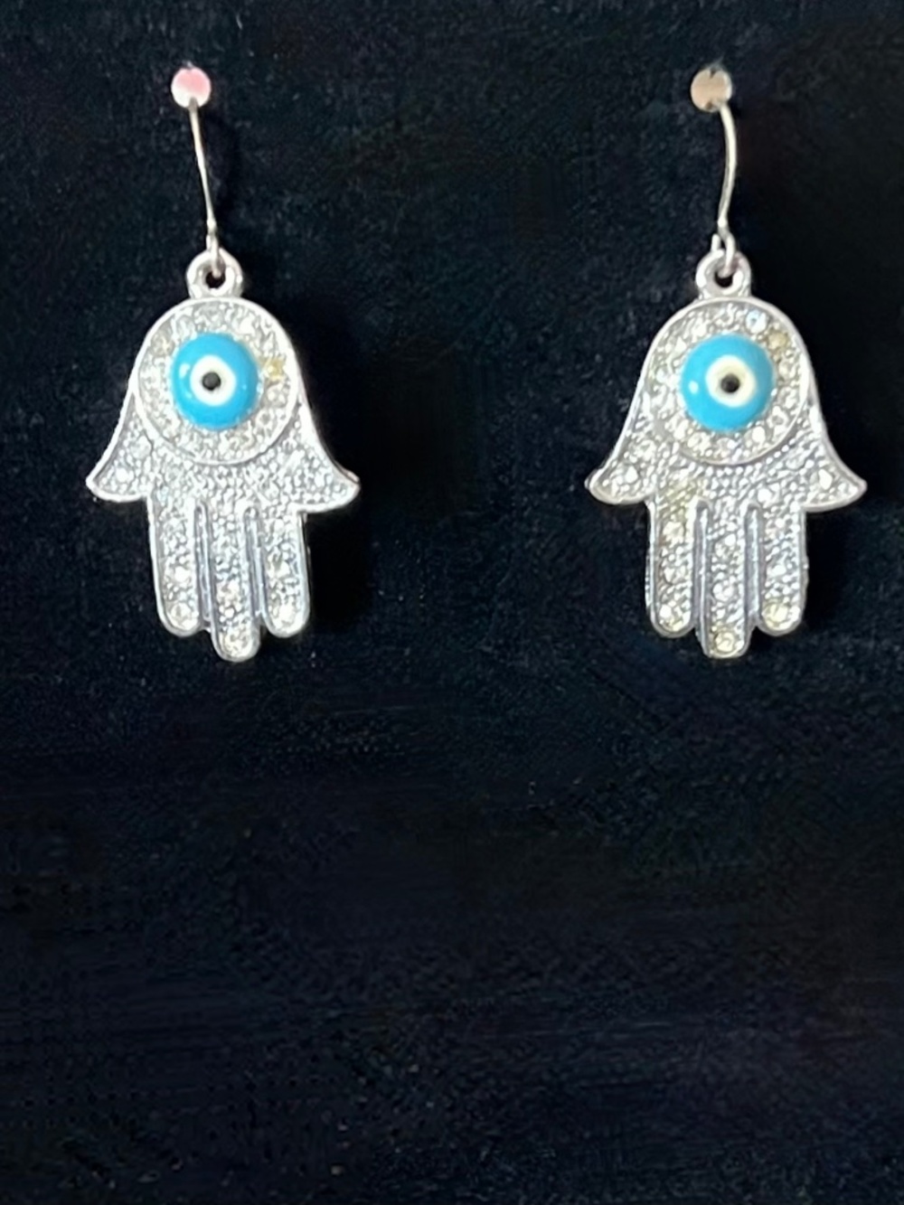 Hamsa Silver Evil Eye Earrings Cubic Zirconia Sterling Silver Fish Hook Back NWT